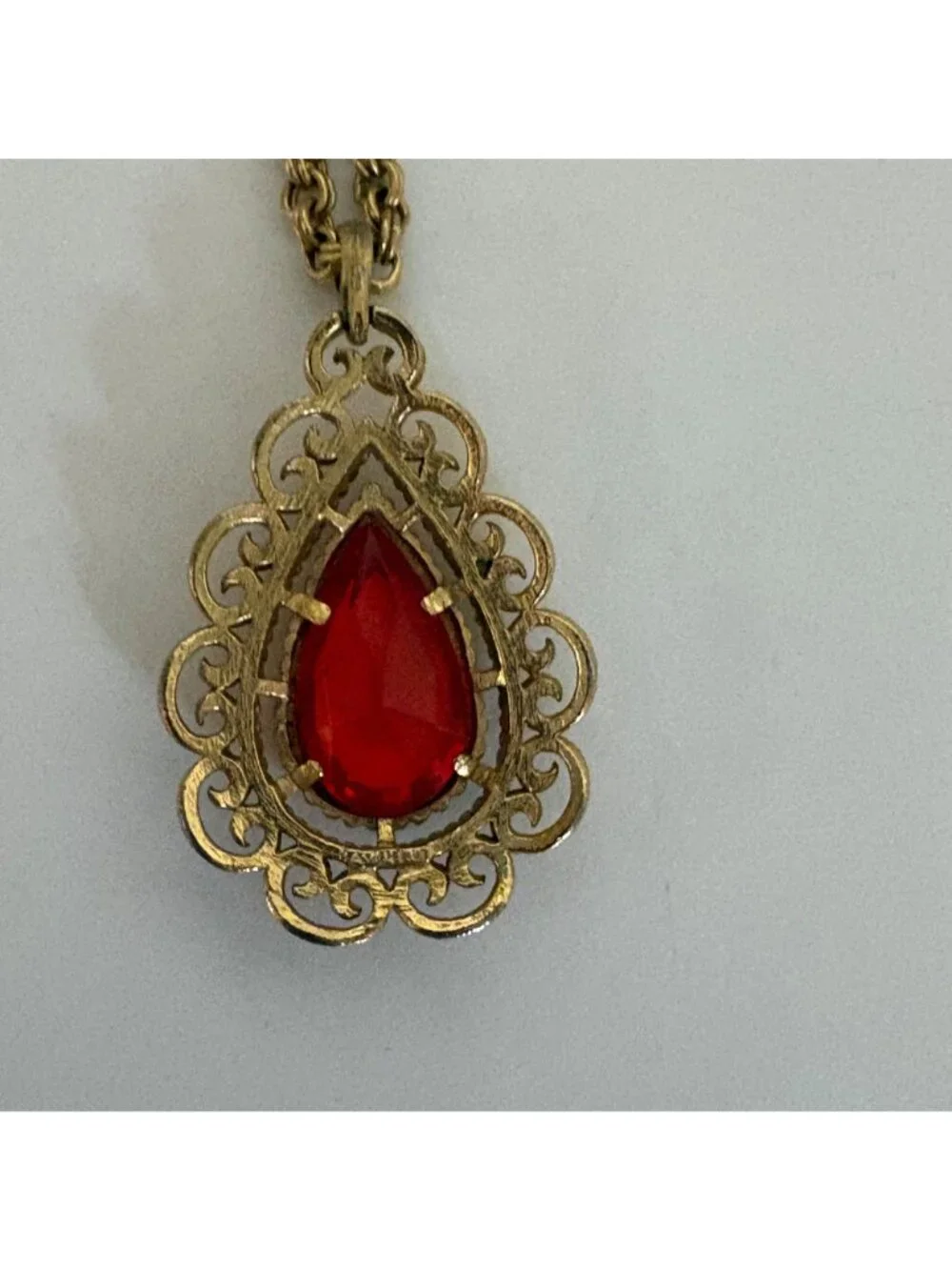 Long Gold Tone Necklace Orange Teardrop Pendant Ornate Filigree Design Jewelry
